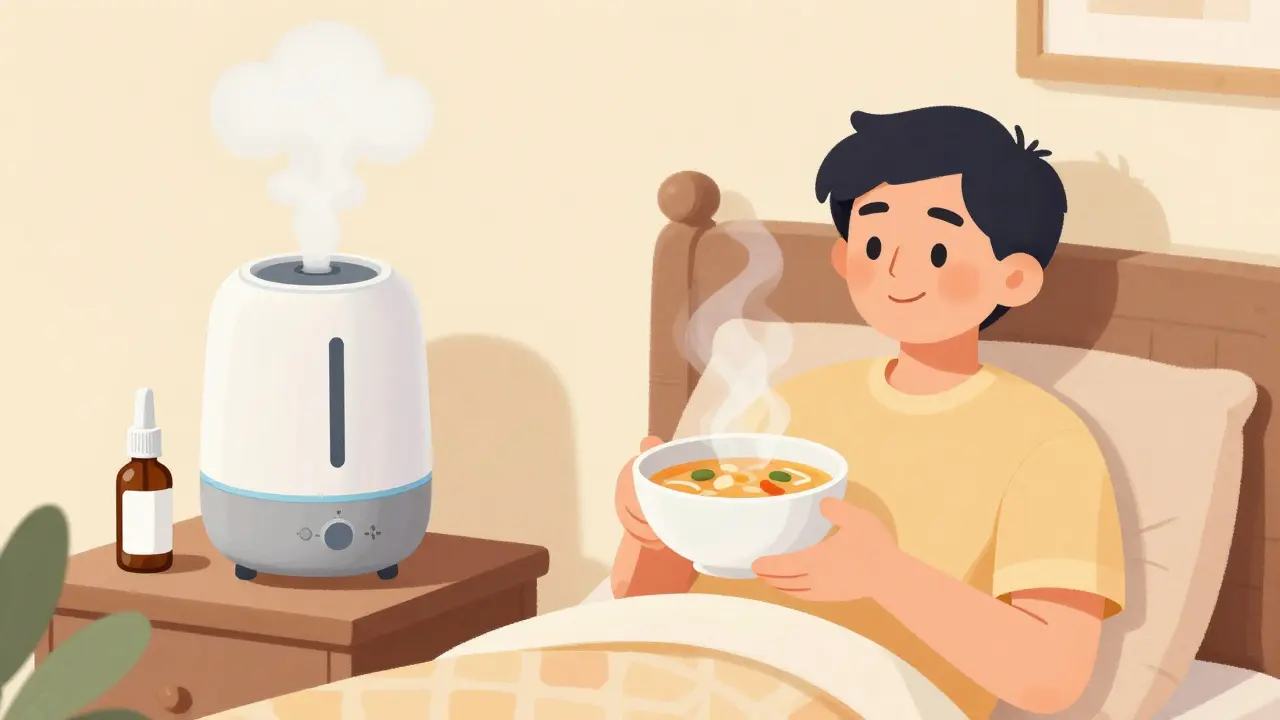 A person using a humidifier and saline spray for congestion relief at home.