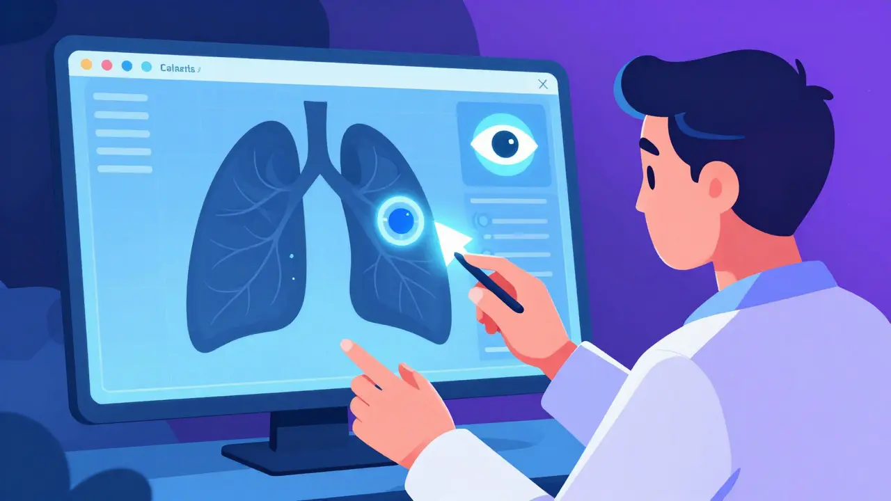 A radiologist using AI software to identify a lung nodule on a digital screen.