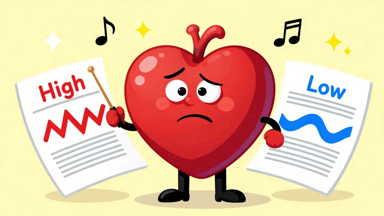 A stylized heart conductor looking confused by opposing high and low blood pressure instructions.