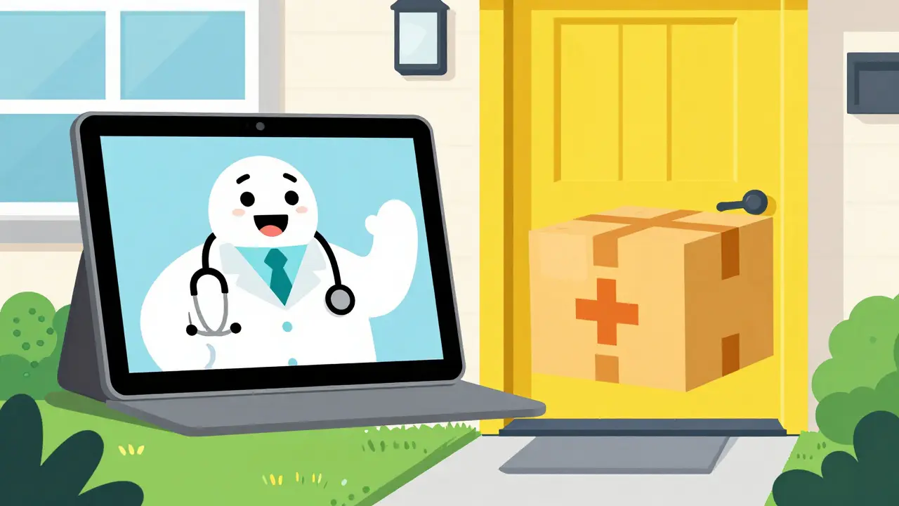 A telehealth medical consultation and a medication delivery package