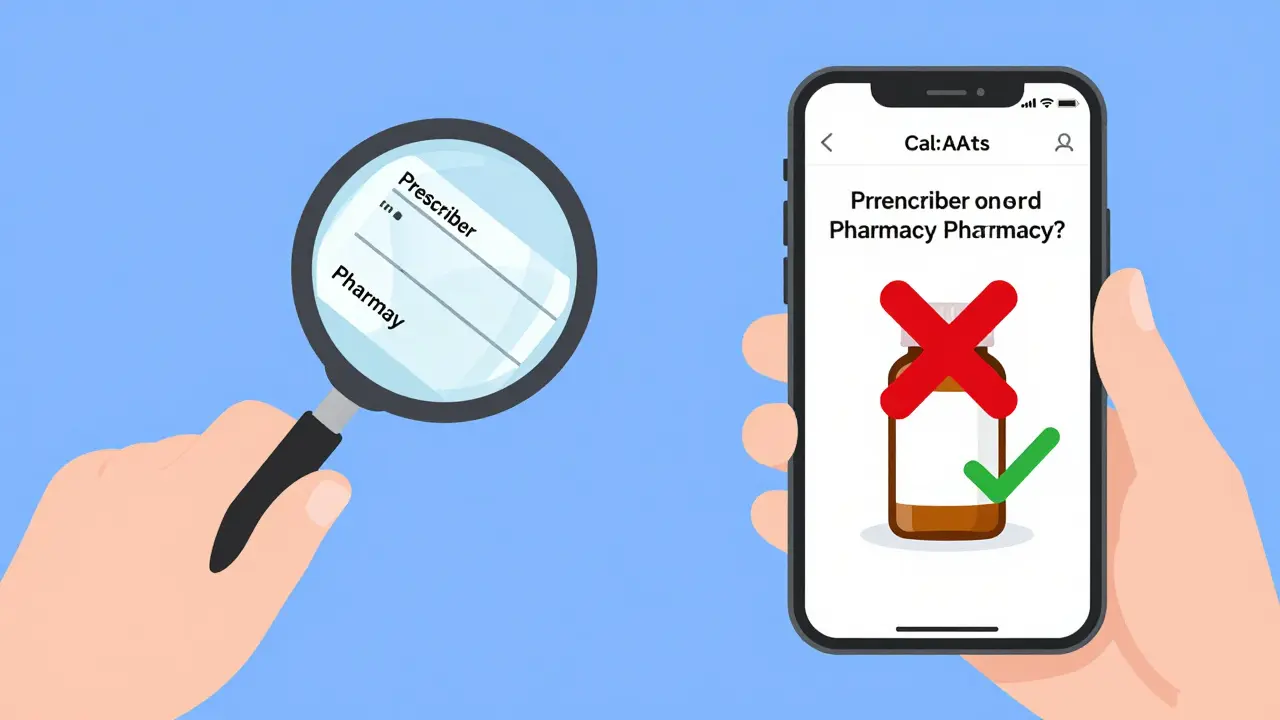 Comparison between a physical medication label and a pharmacy app on a phone.