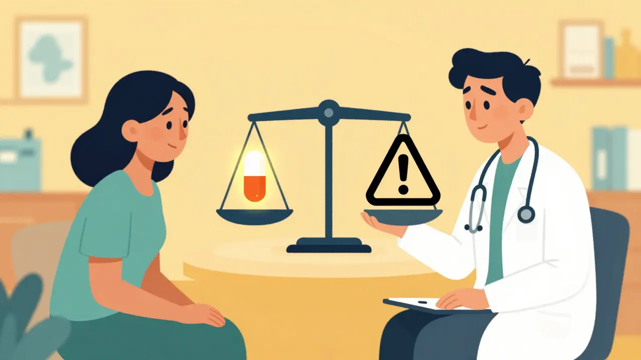 Doctor and patient discussing the risk-benefit balance of a medication using a floating scale.