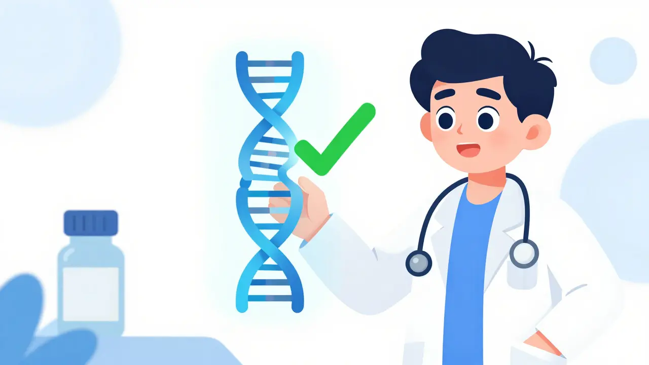 Doctor using a holographic DNA strand to ensure a medication is safe for a patient's genetics.