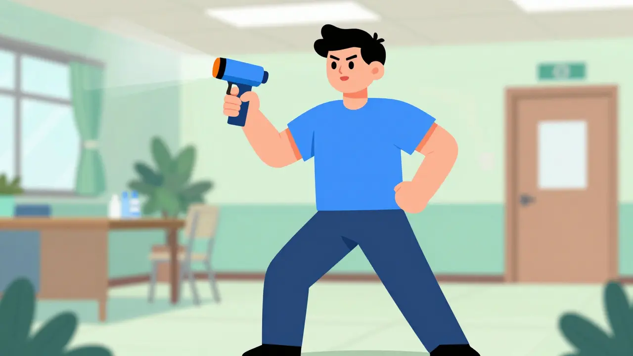 Individual practicing emergency response technique with training kit.