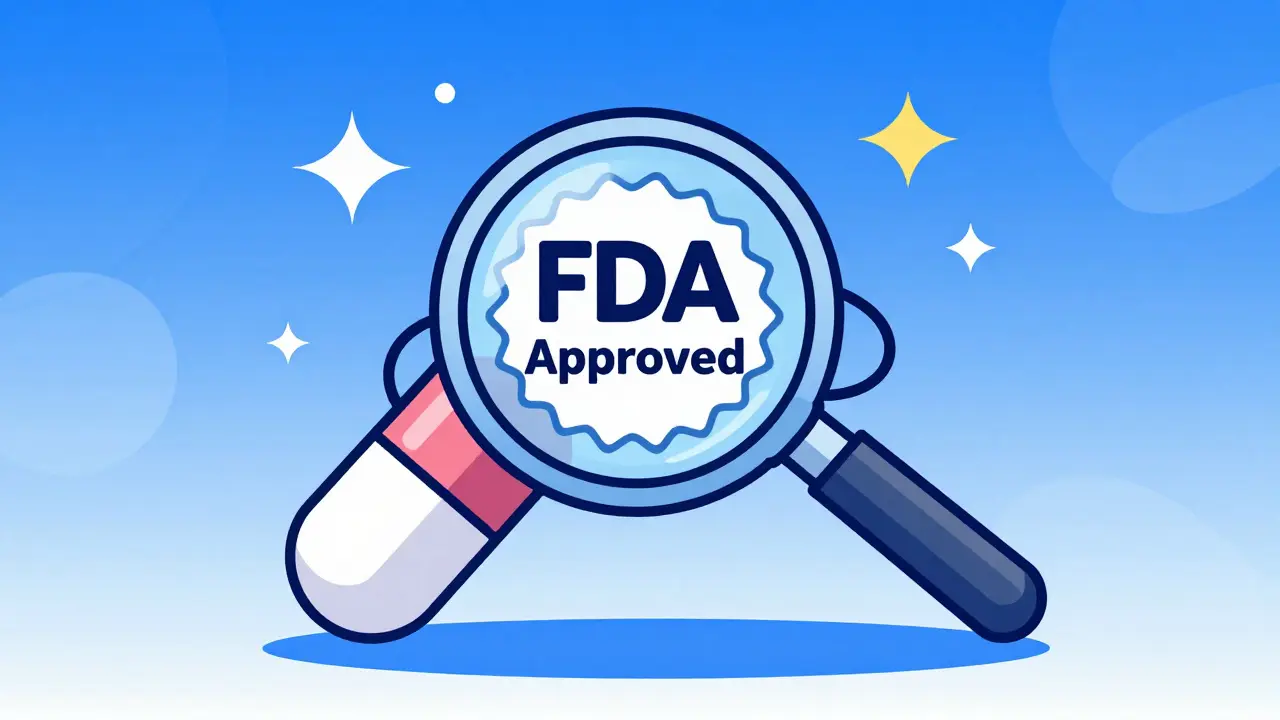 Magnifying glass highlighting the safety and FDA approval of a capsule