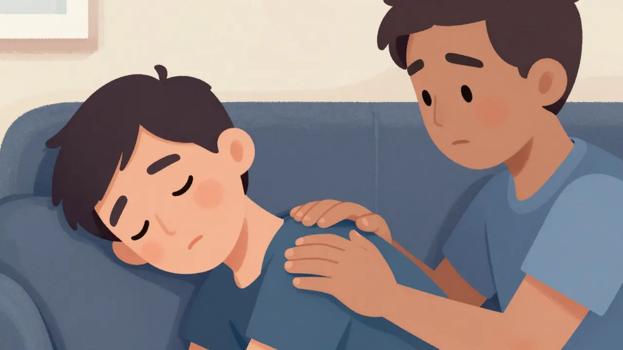 Person gently checking another's breathing and skin tone carefully.