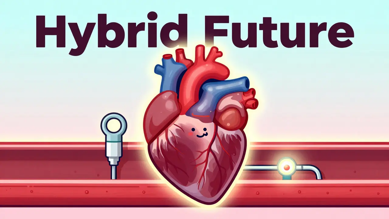 Stylized heart showing both a surgical graft and a stent in a hybrid medical approach.