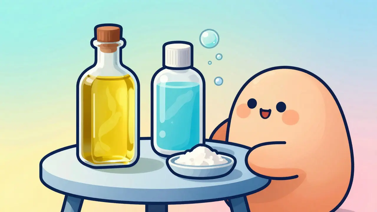 Stylized illustration of olive oil, peroxide, and baking soda earwax softeners