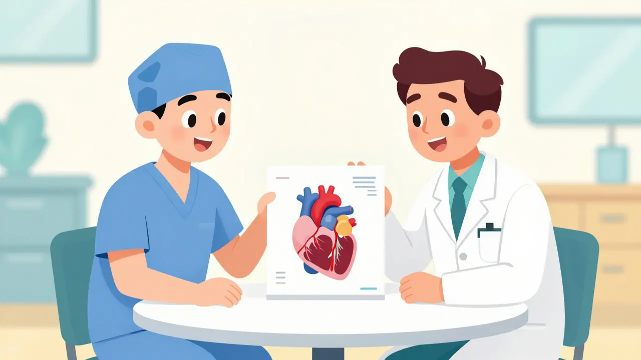 Two medical doctors in CalArts style collaborating over a heart anatomy chart.