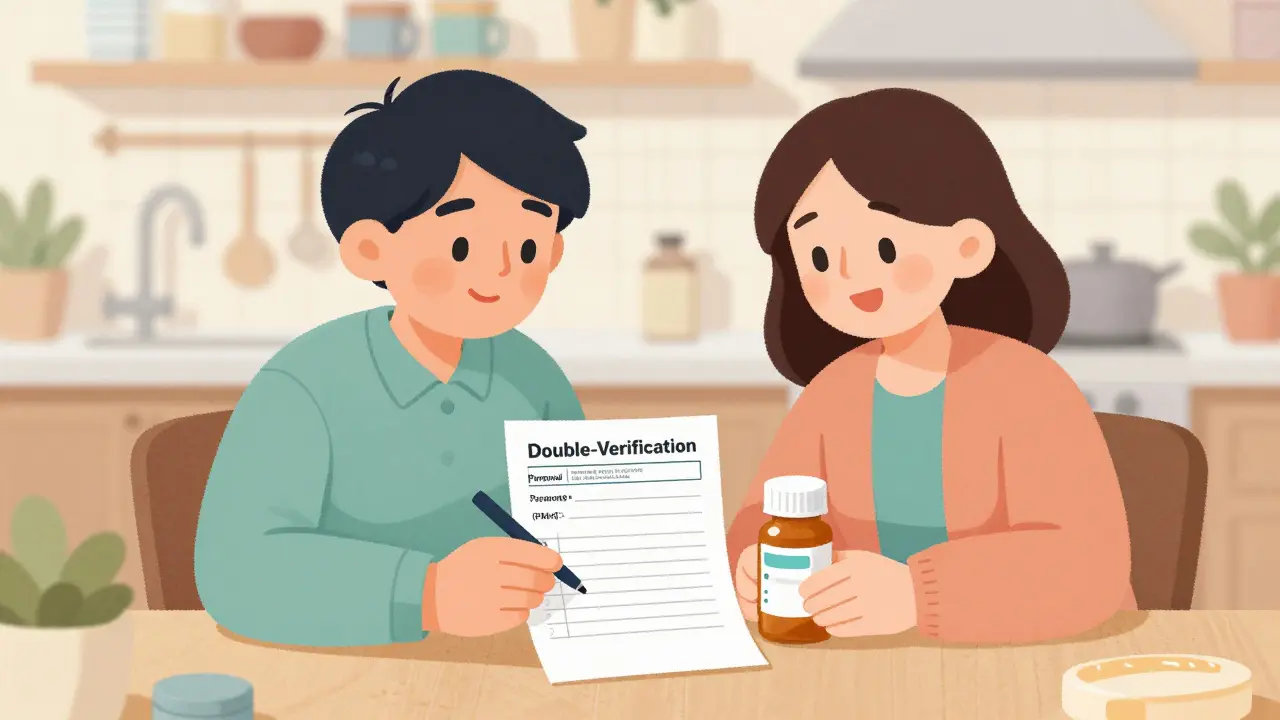 Two people cross-referencing a medication label with a personal health record list.