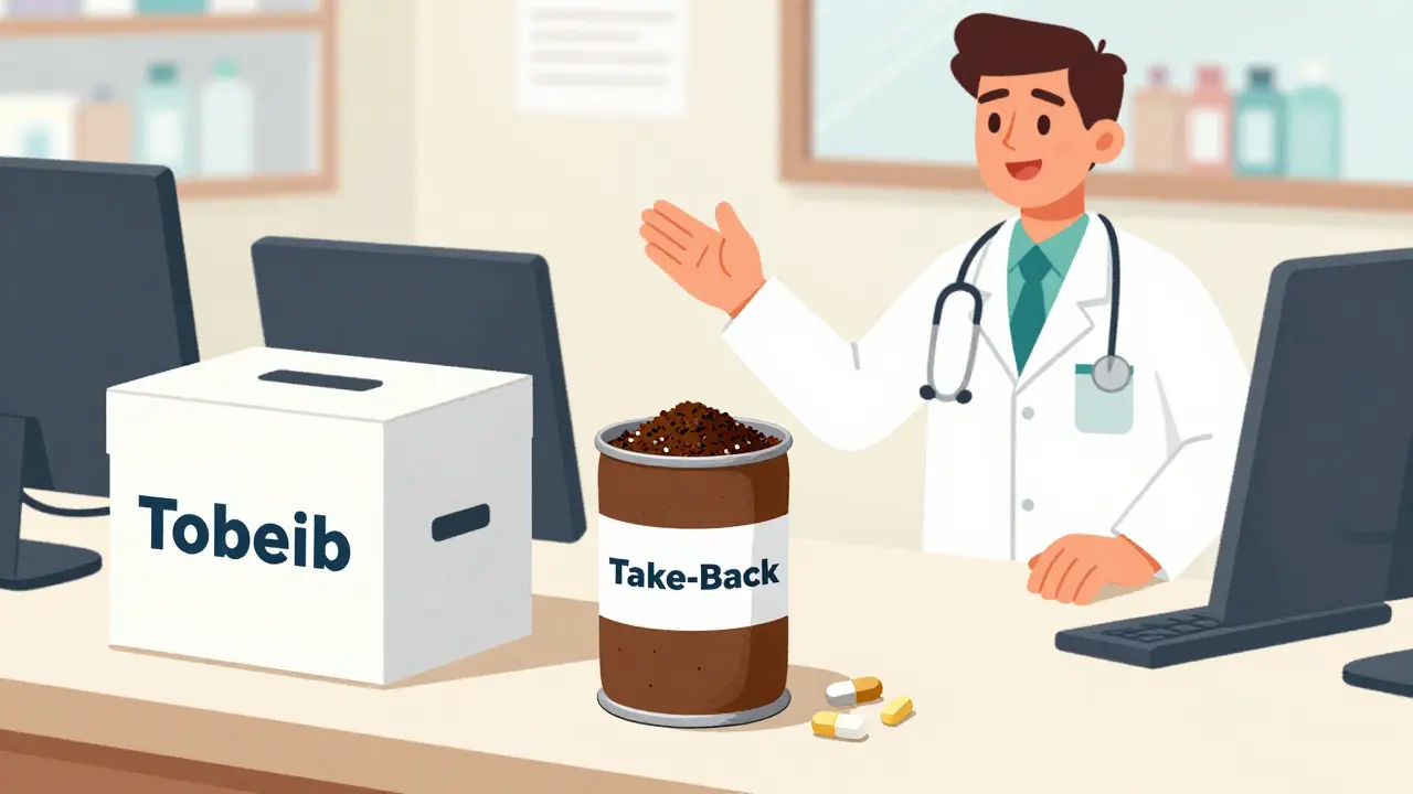 CalArts style drawing of safe drug disposal via take-back box and sealed container.