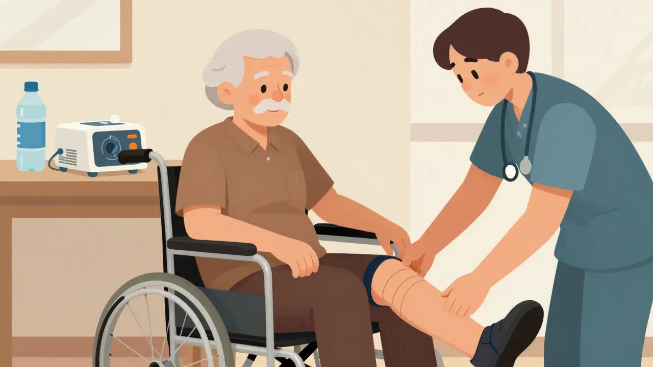 Caregiver helping patient with mobility aids