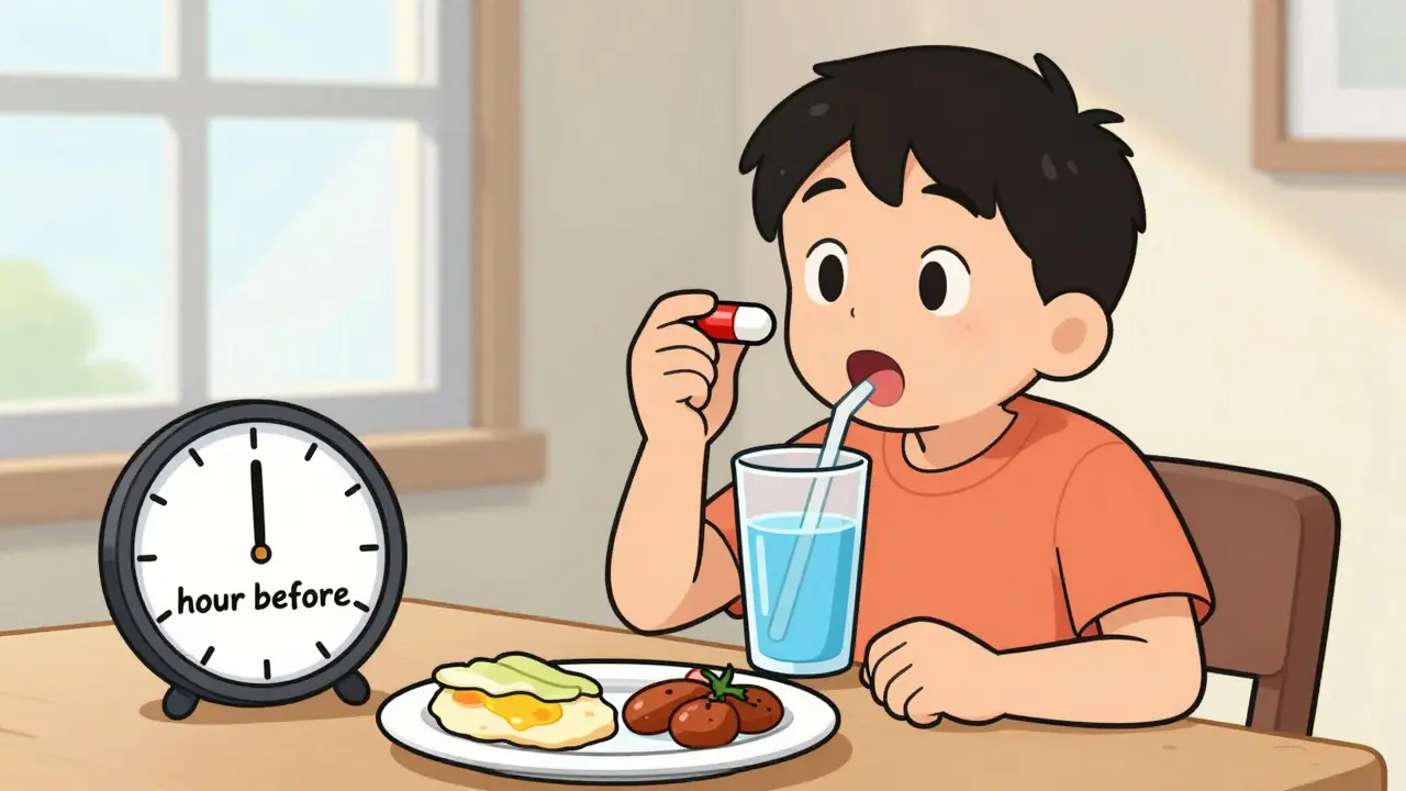 Character taking pill one hour before breakfast in CalArts style