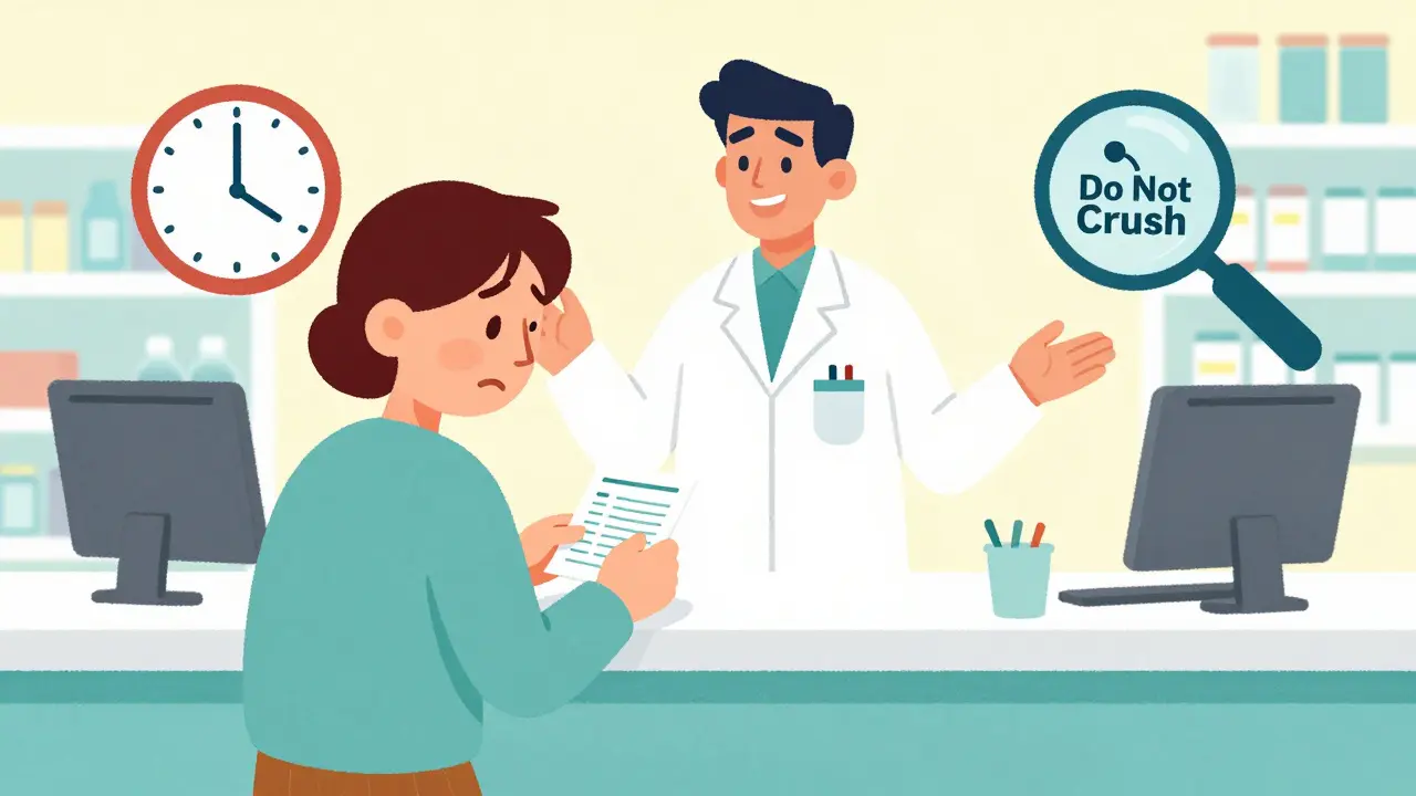 Confused patient learning from pharmacist about label meanings.