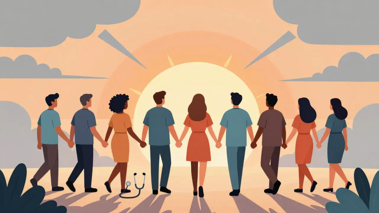 Diverse group walking toward sunrise, symbolizing hope and resilience