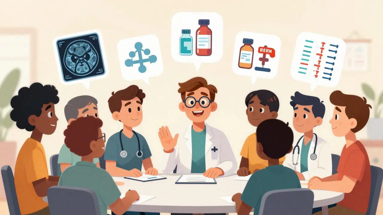 Doctor and patients discussing personalized screening options together.