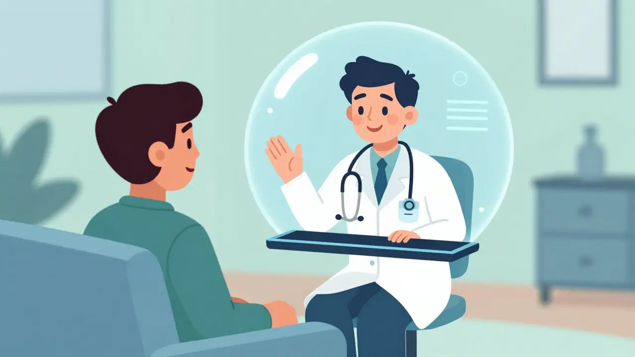 Doctor consulting patient via video call happily
