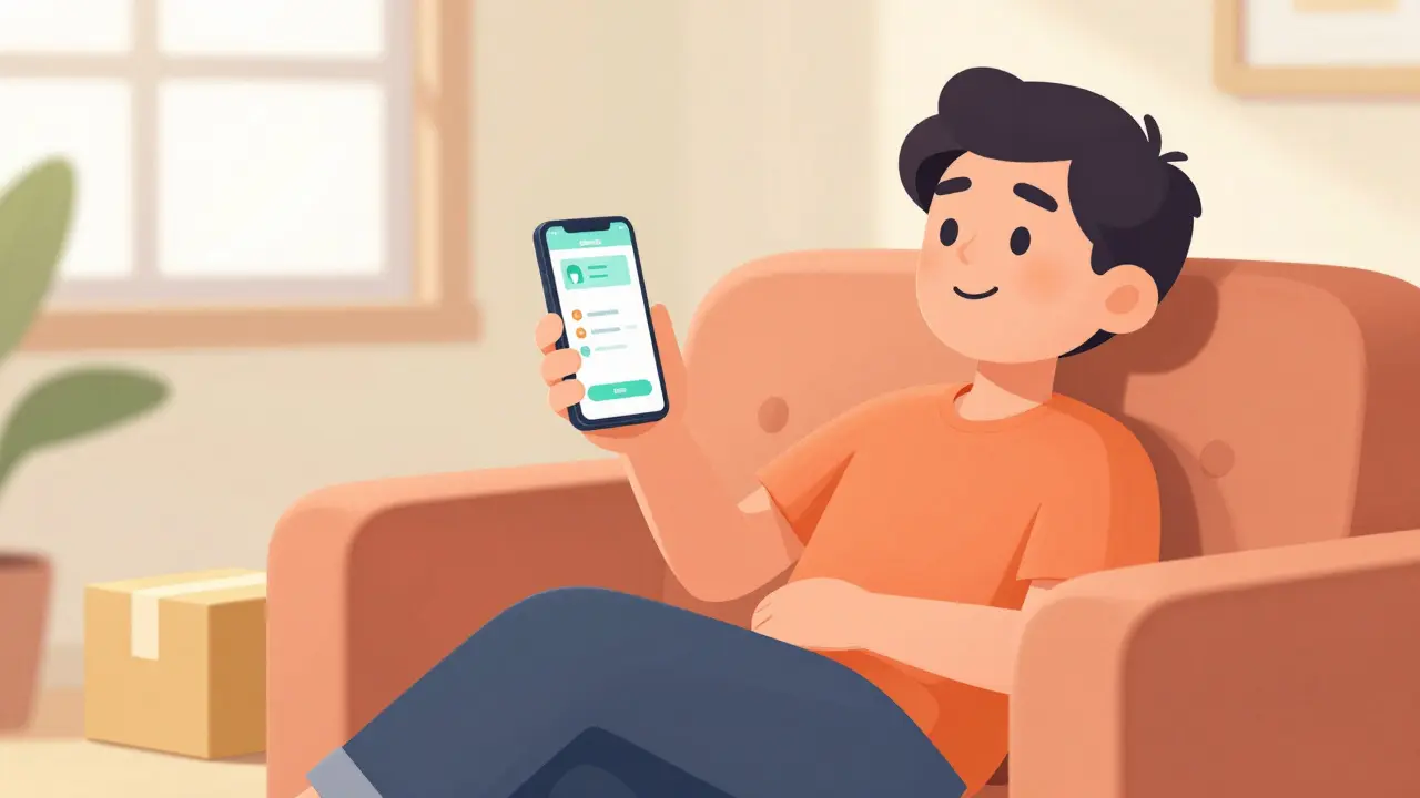 Happy person using phone for safe online prescription delivery service