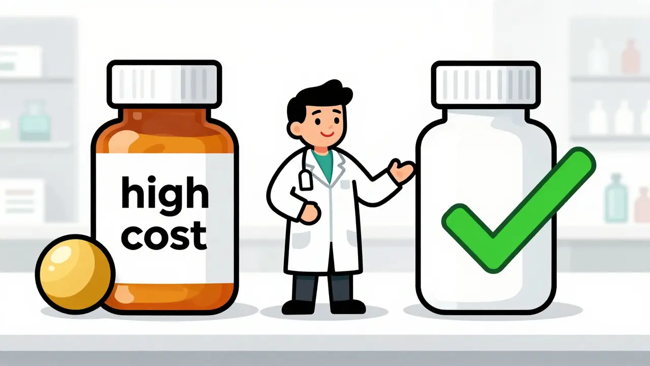 Illustration comparing expensive brand drug vs cheap generic option