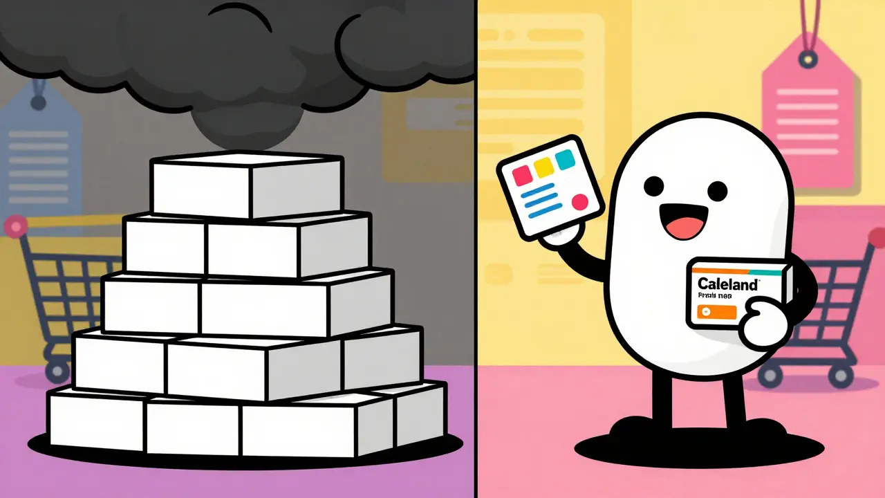Illustration comparing expensive brand medicine vs affordable generic options with coupons