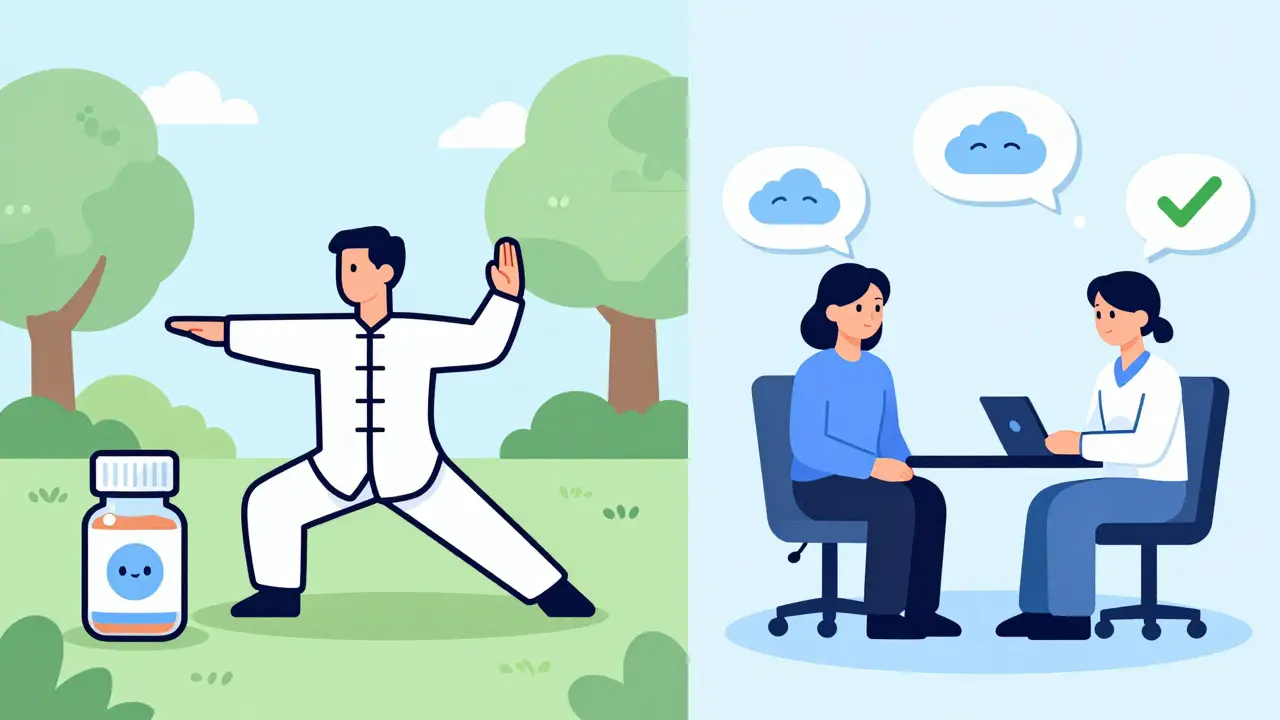 Illustration of pills, tai chi exercise, and therapy for pain relief