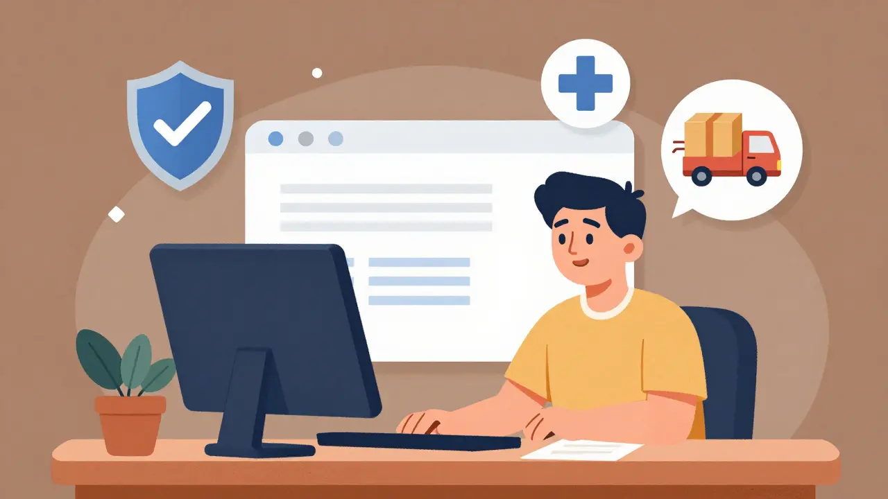 Illustration of safe online medication ordering with safety shield icons