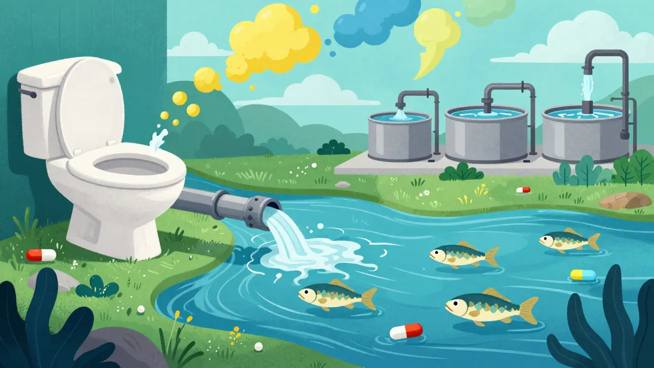 Illustration showing drugs flowing from toilet into polluted river with affected fish.