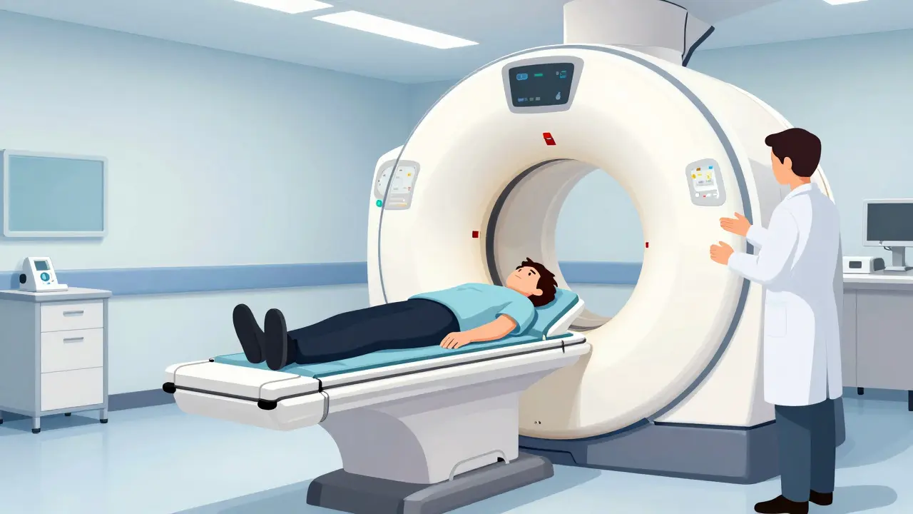 Patient undergoing a quick, low-dose CT scan in a modern medical facility.