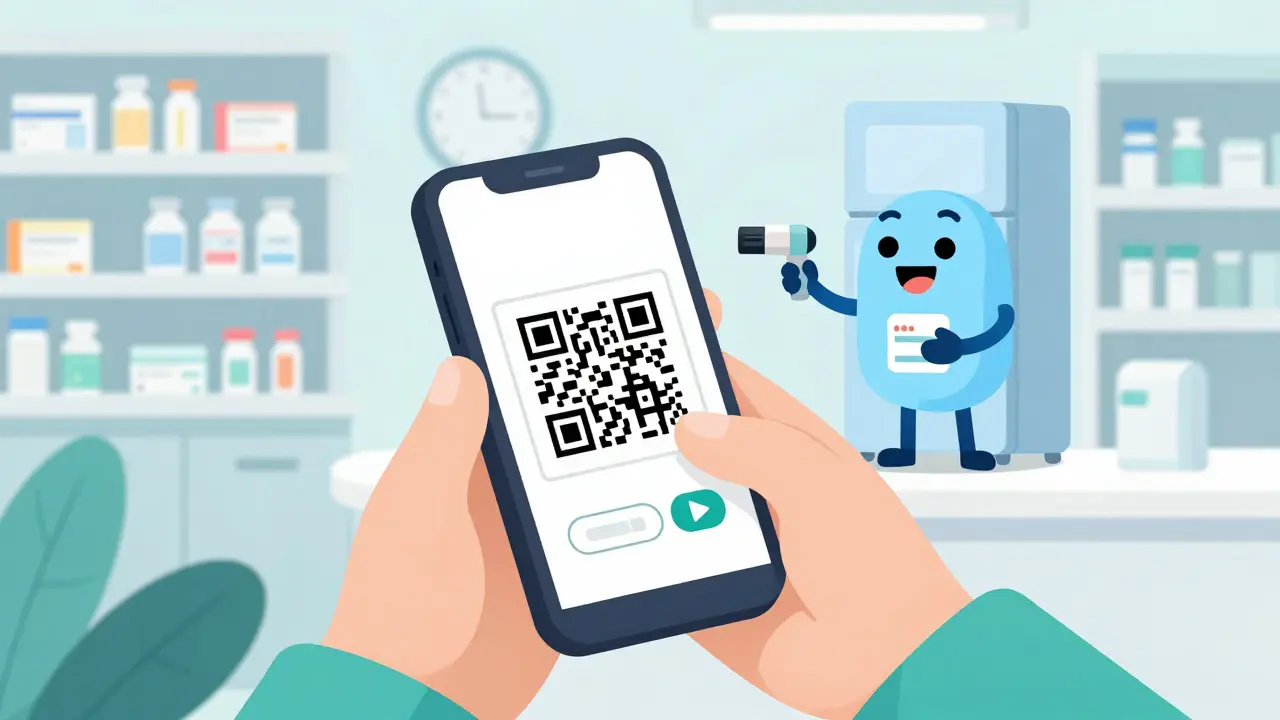 Patient using phone to scan QR code for medication instructions.