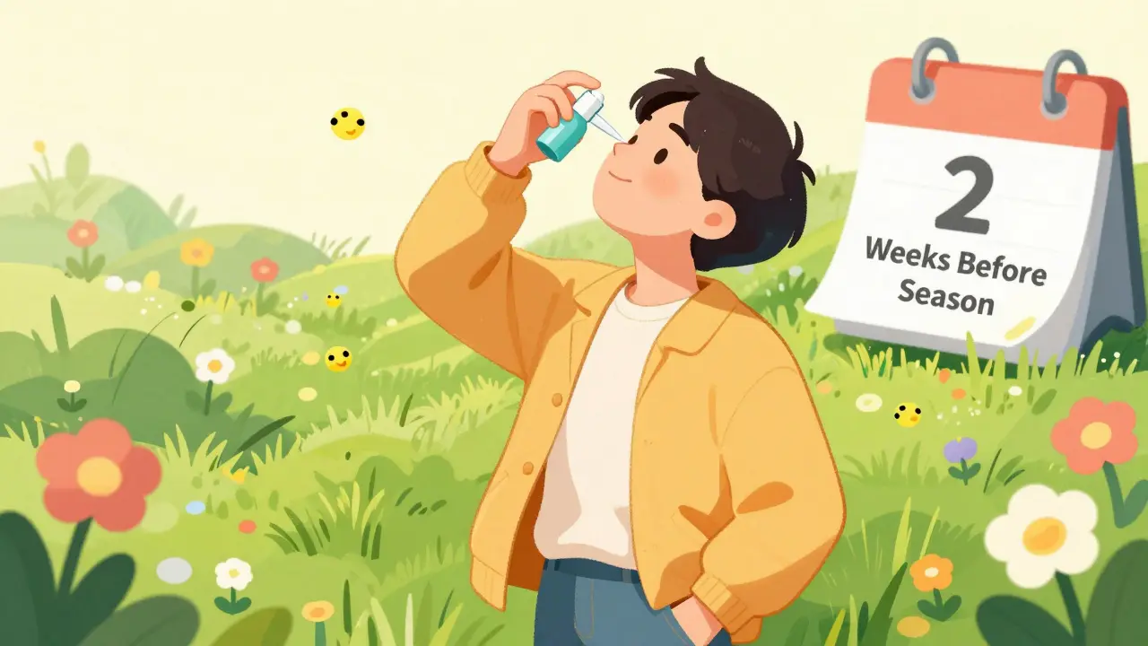 Person using nasal spray preventatively in a sunny spring field before allergies peak