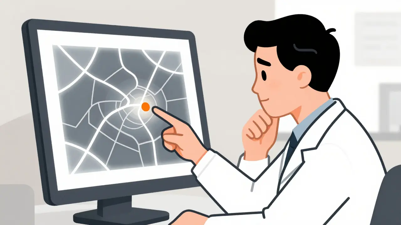 Radiologist carefully examining a scan image for small lung nodules.