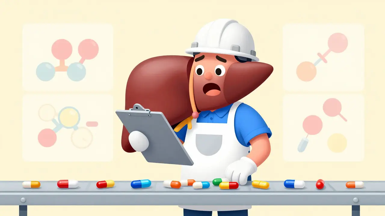 Cartoon liver struggling to process medications slowly