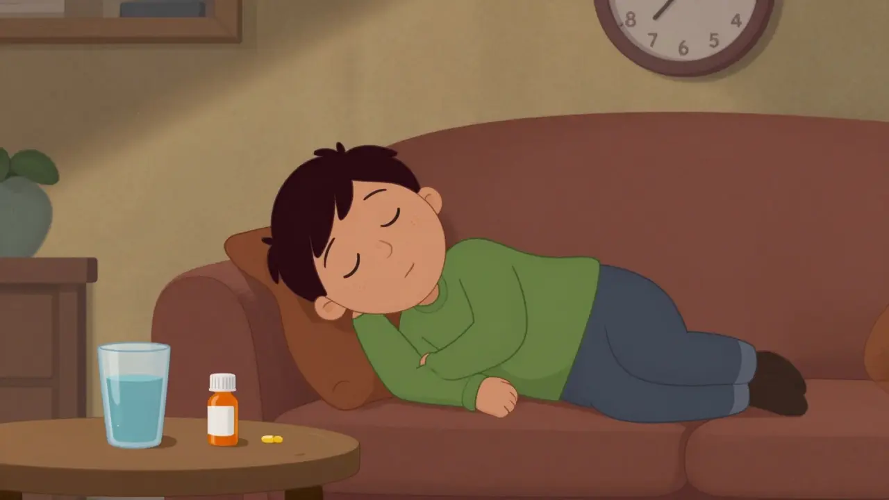 Cartoon of person sleeping on couch due to medication side effects