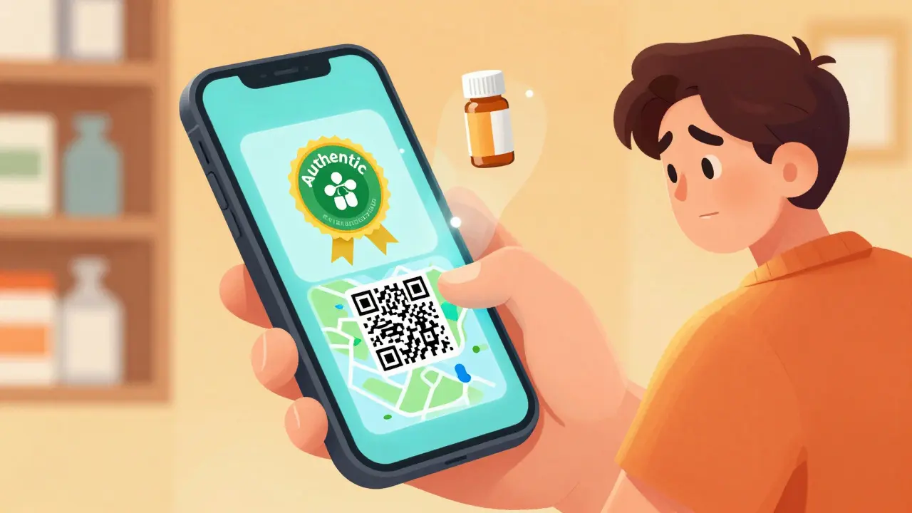 Cartoon person scanning a medicine QR code with a phone displaying an authentic badge.