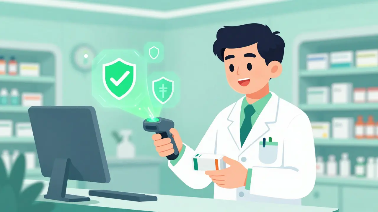 Cartoon pharmacist scanning a drug box with a device showing a green verification checkmark.