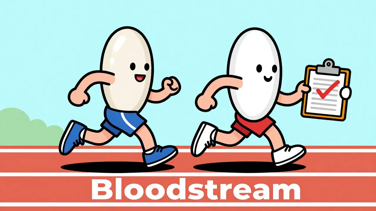 Cartoon showing brand and generic drugs as equal runners