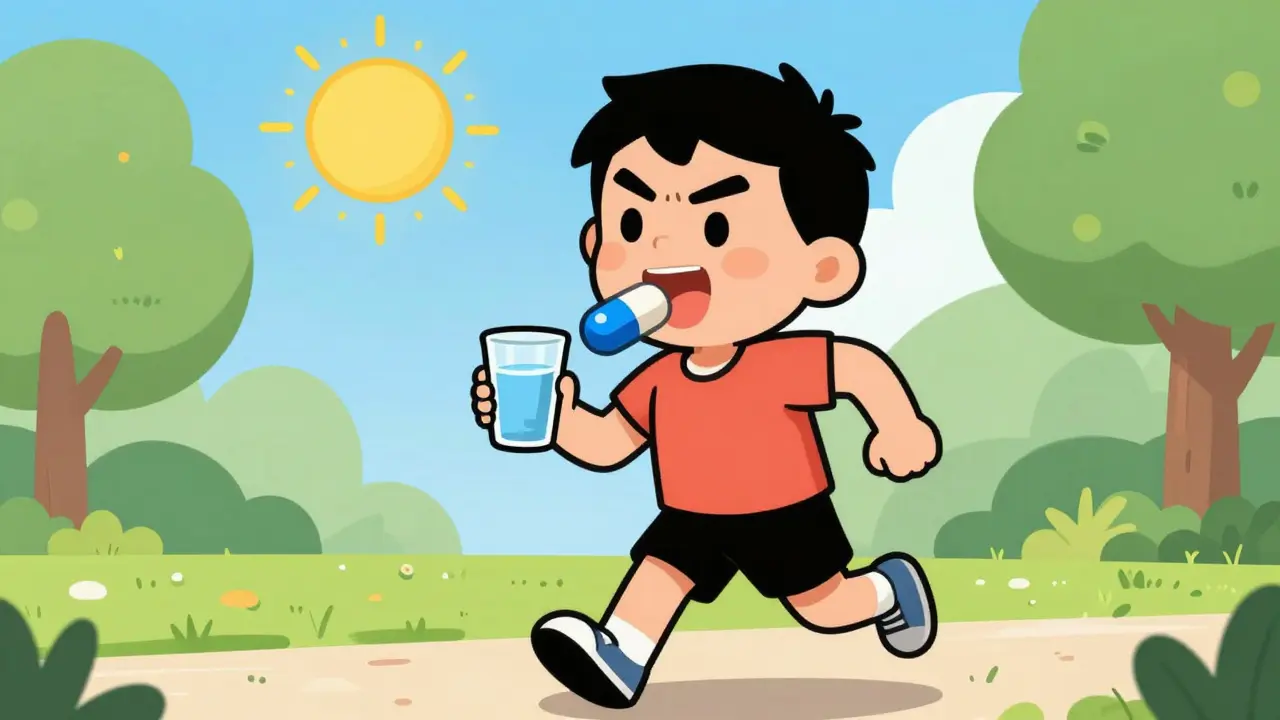 Energetic person jogging in park after taking medication safely with water