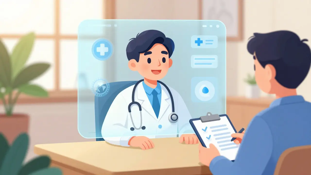 Friendly doctor video calling patient in bright living room for safe consult