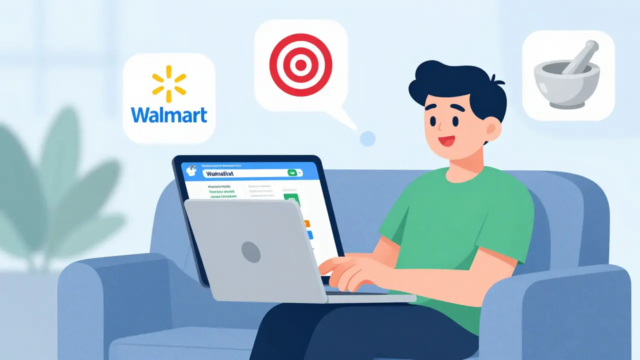 Happy person shopping for medicine online with trusted retailer icons
