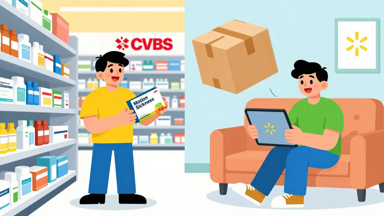 Illustration comparing buying meds at pharmacy versus online shopping