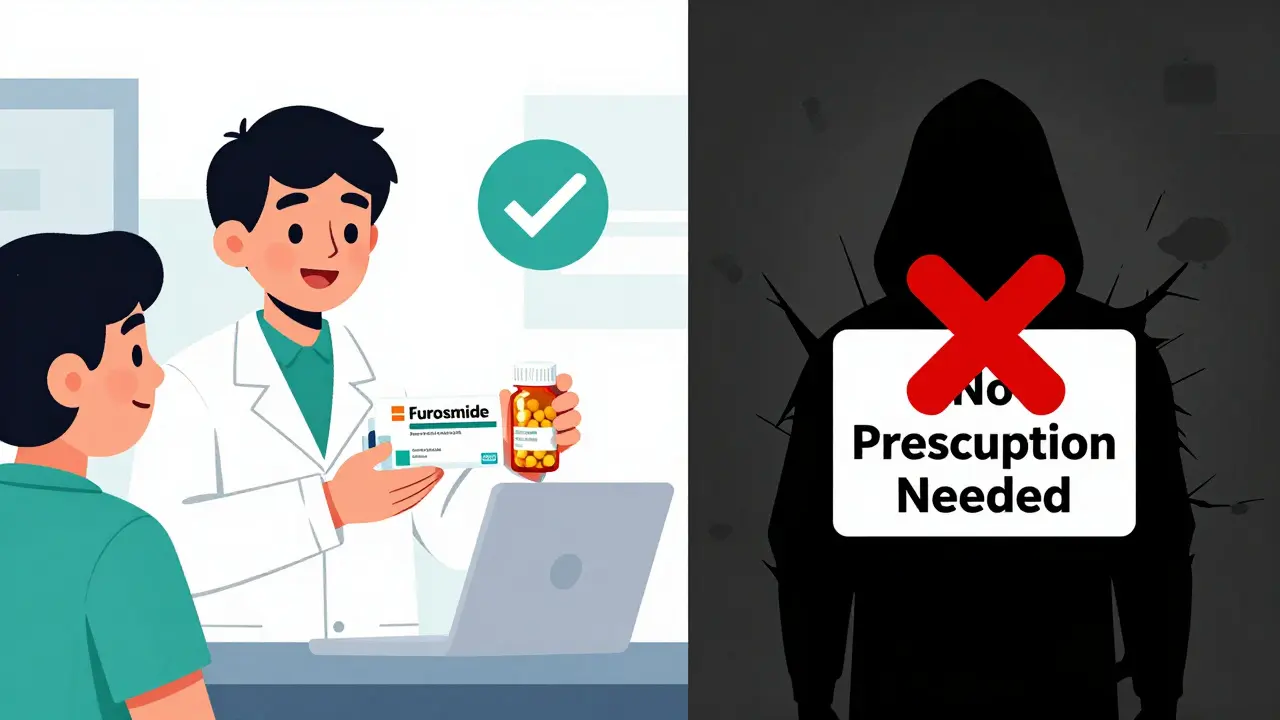 Illustration comparing safe pharmacy vs dangerous scam website