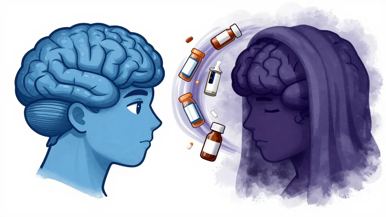 Illustration of a foggy, sedated brain affected by mixing CBD and meds