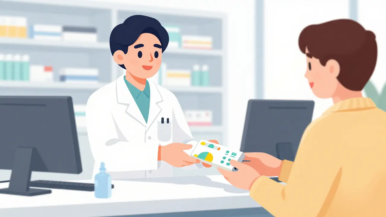 Pharmacist handing medication to customer with discount phone