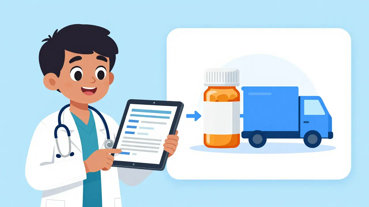 Telehealth consultation and medicine delivery process illustration