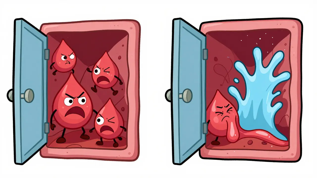 Cartoon comparison of narrowed and leaking heart valves