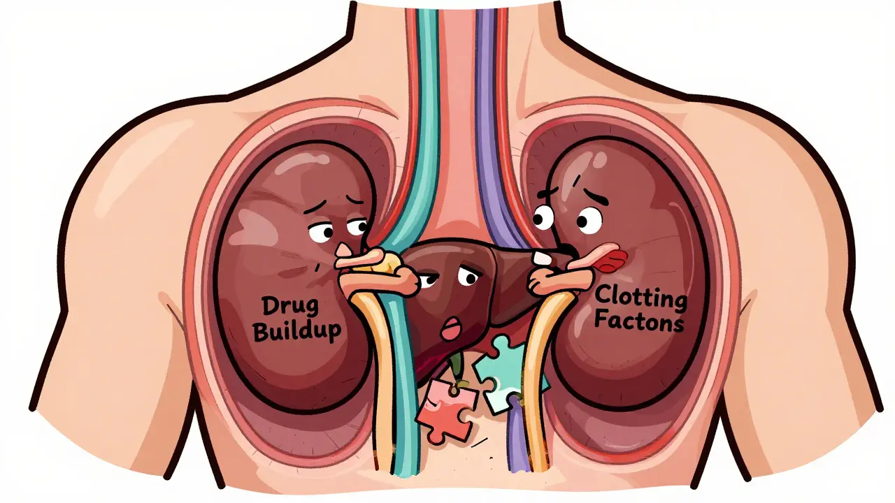 Cartoon kidneys and liver struggling with drug buildup and clotting factors