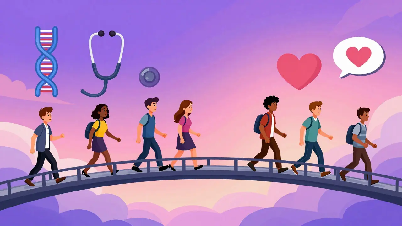 Conceptual cartoon of patients crossing a bridge from doubt to trust