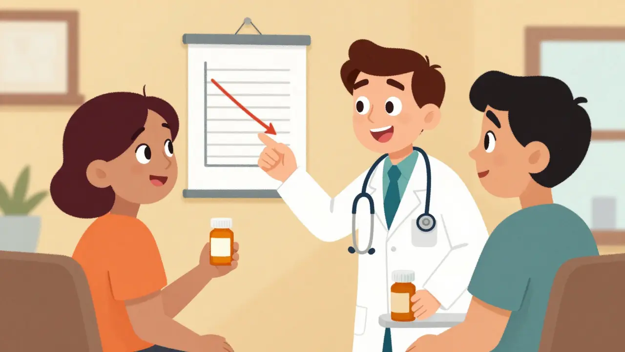 Doctor explains affordable generic meds to relieved patient