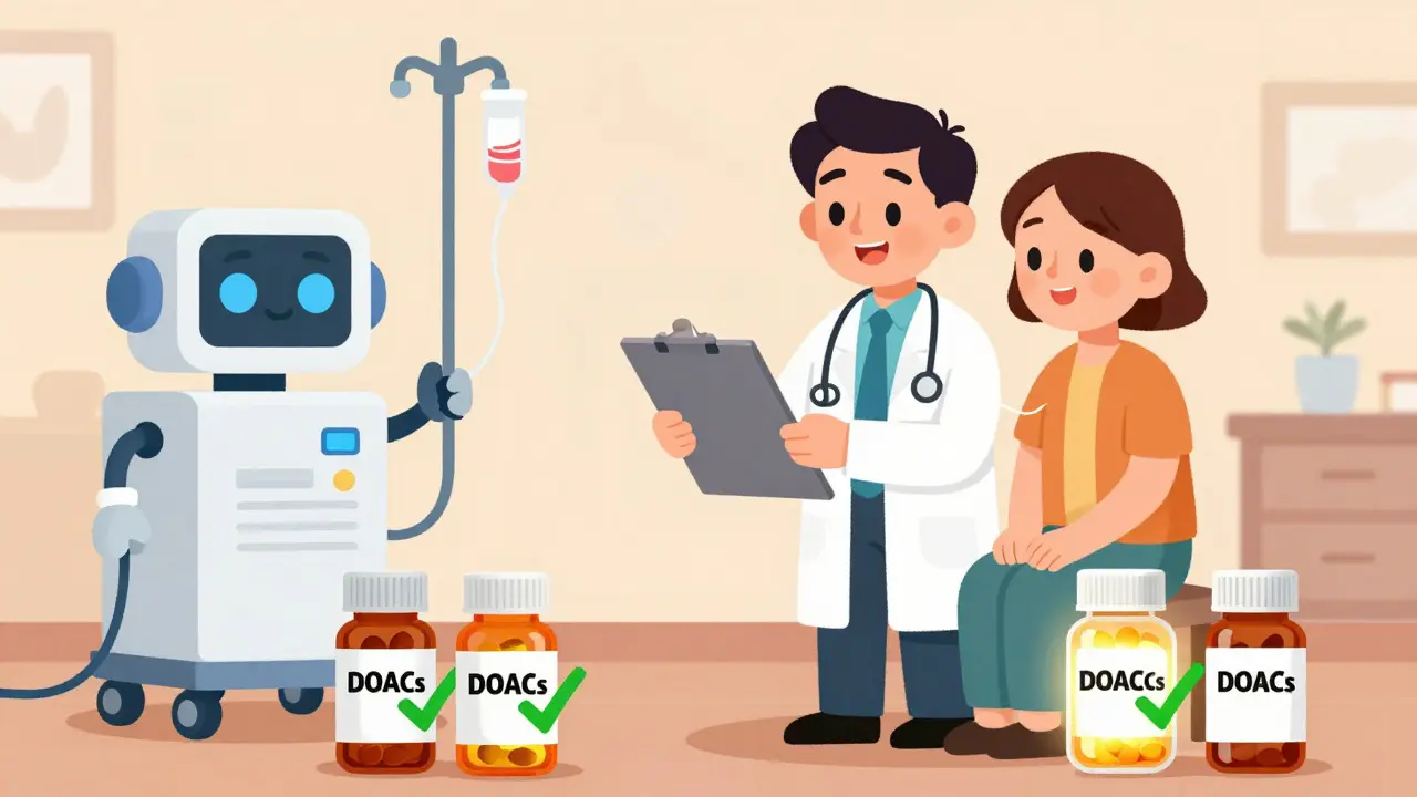 Doctors discussing apixaban safety for dialysis patients in cartoon style