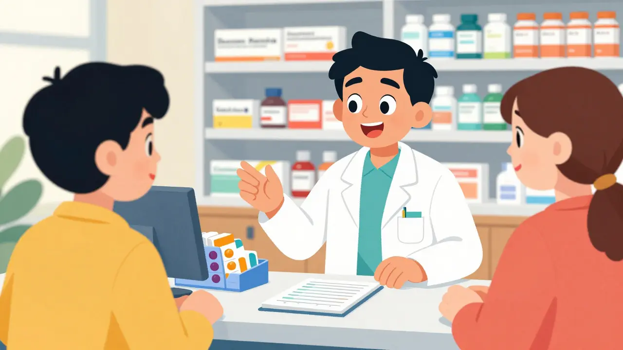 Friendly pharmacist explaining medication organization and side effect management to a patient.